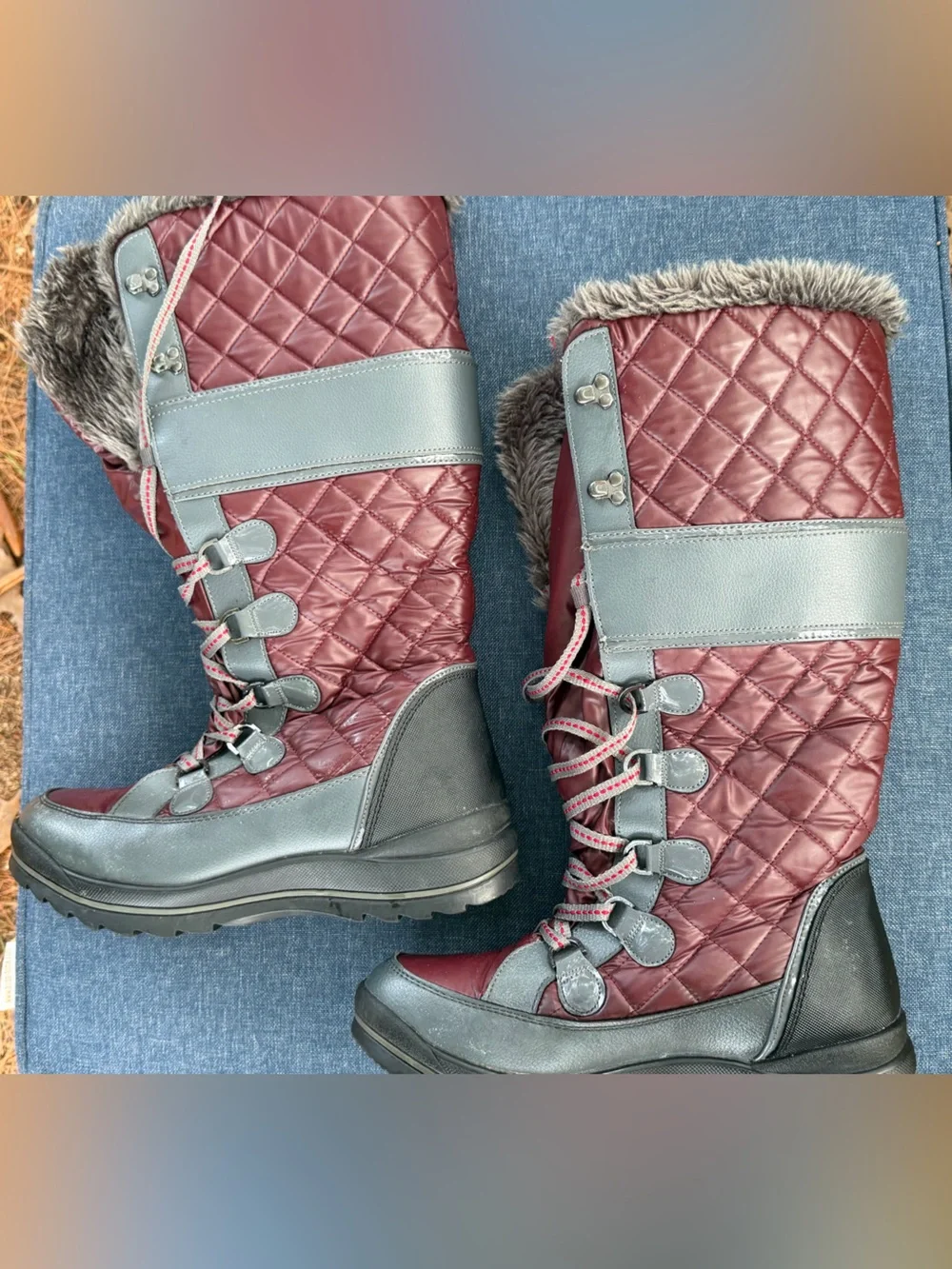 Women's Quilted Faux-Fur Winter Boots - Gray and Burgundy- waterproof